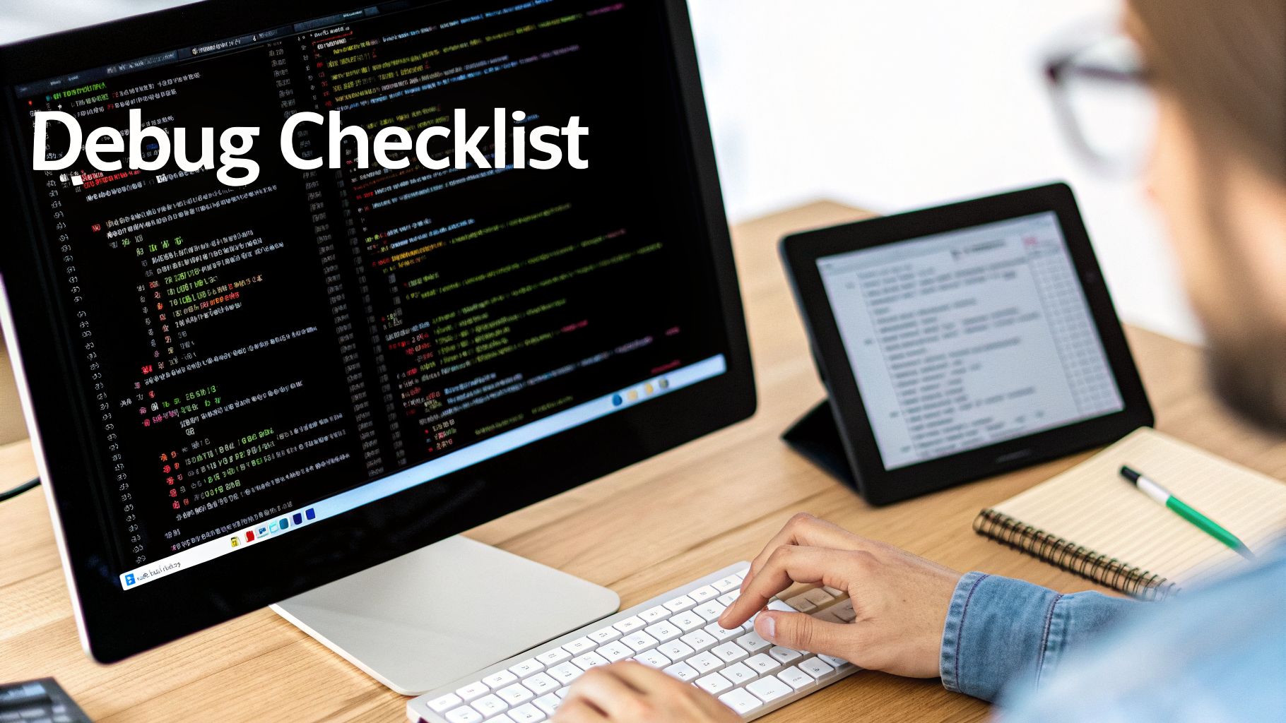 A person coding on a computer with 'Debug Checklist' text, a tablet, and notebook.