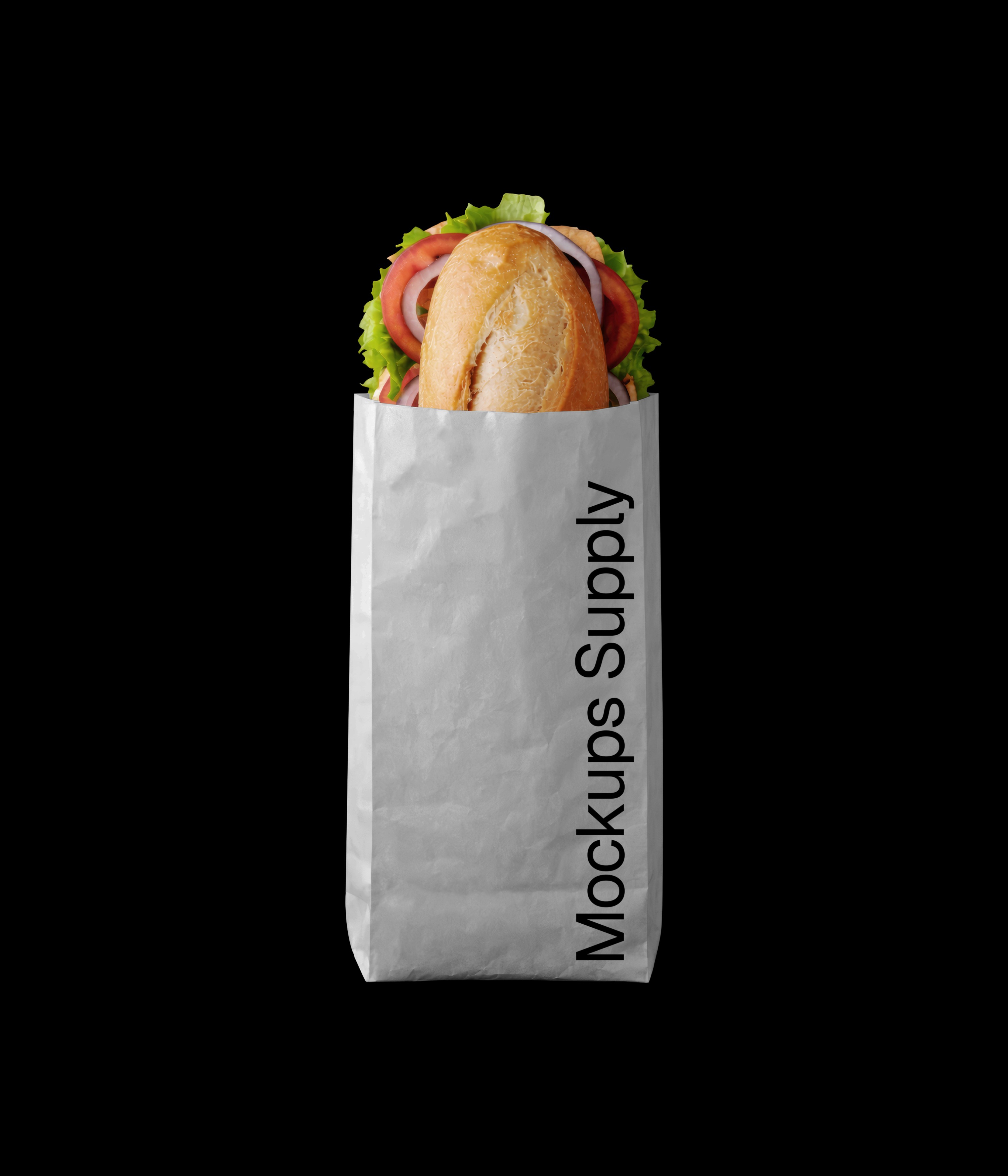 Baguette sandwich in white paper bag mockup on black background for Photoshop download psd