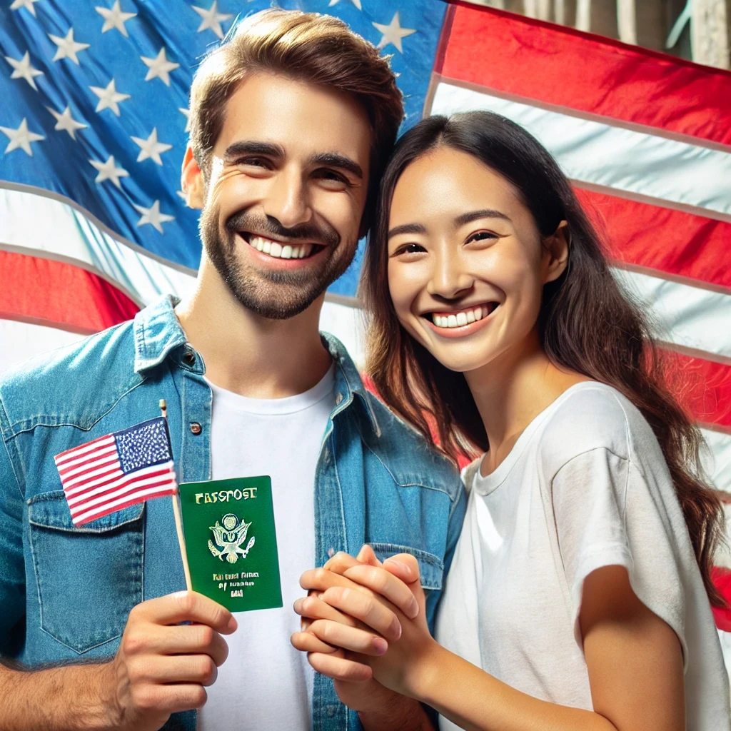 A happy couple holding hands with the U.S. flag in the background, symbolizing their journey towards obtaining a marriage-based green card.