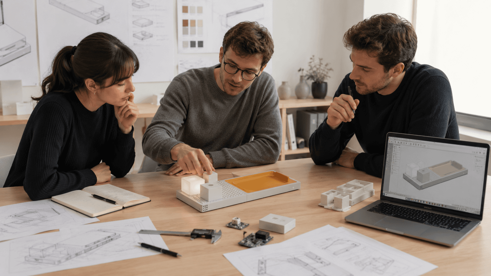 Hardware engineers and product founders reviewing a modular wireless charger prototype with sketches, CAD models, PCB boards, and early product components on a design studio table.
