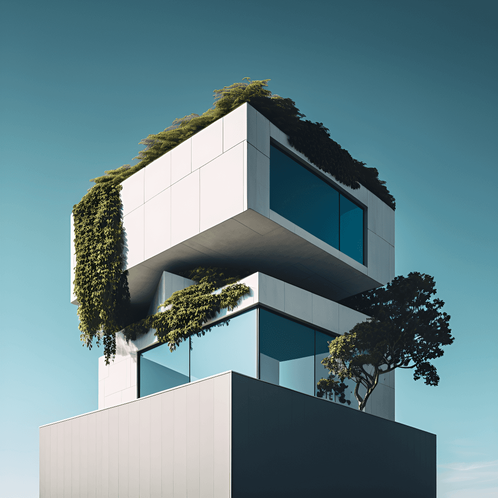 Minimalist stacked-cube residence with green roof terraces and trees integrated into cantilevered volumes