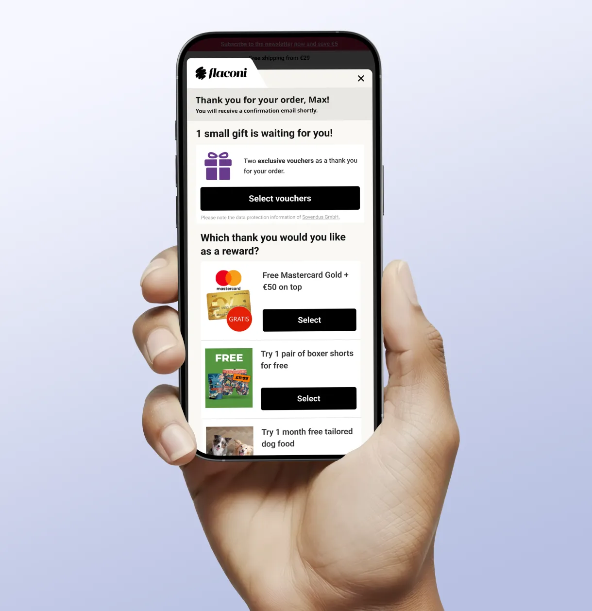Smartphone displaying Sovendus product screen