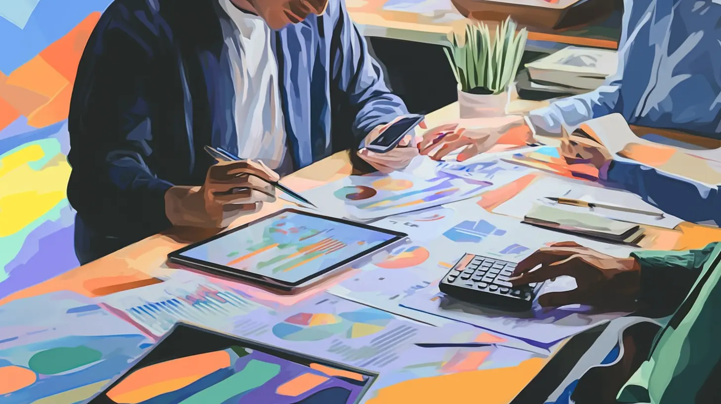picture of three people sitting arounf a table with calculations and charts representing financial planning