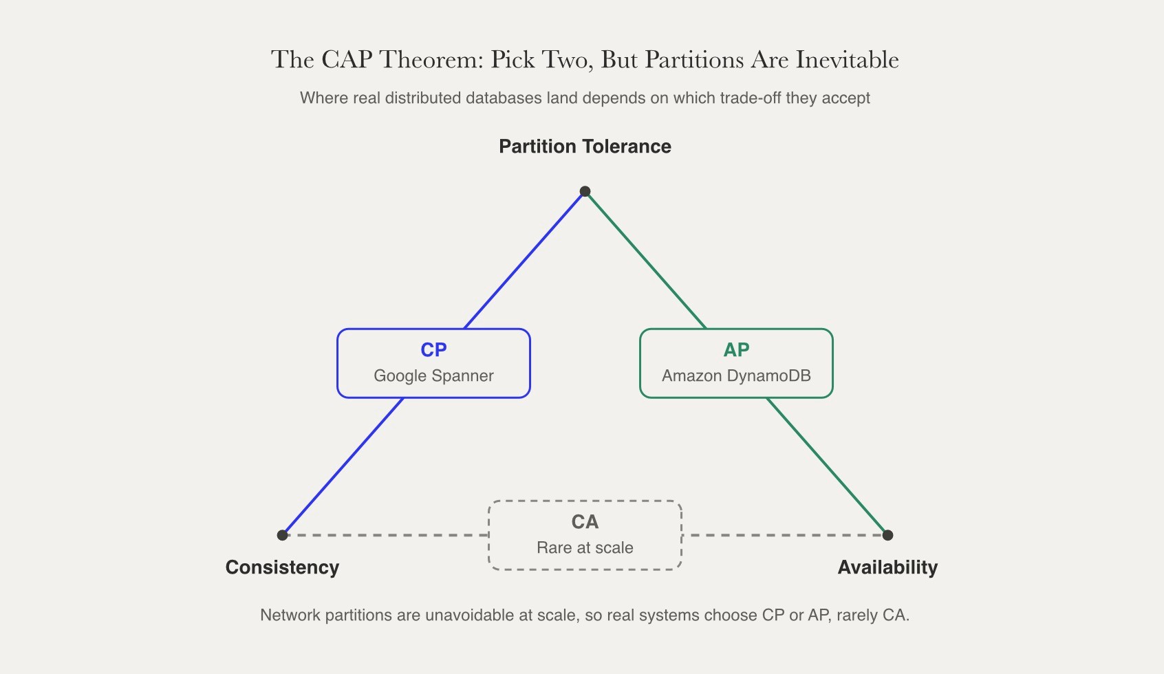 CAP theorem triangle diagram plots Consistency, Availability, and Partition Tolerance, showing where Google Spanner and DynamoDB land on the CP/AP trade-off.