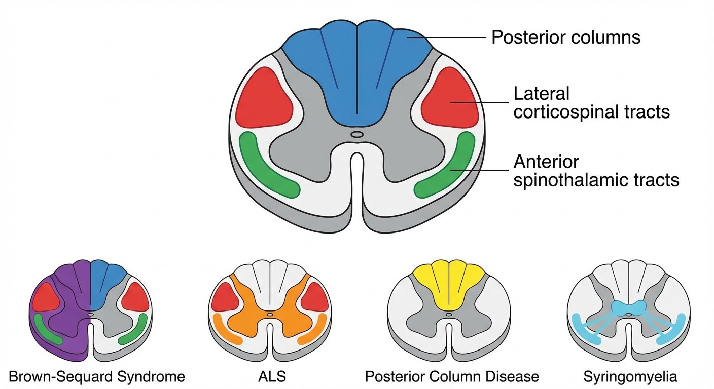 Spinal cord tract anatomy showing Brown-Sequard, ALS, posterior column, and syringomyelia lesion patterns