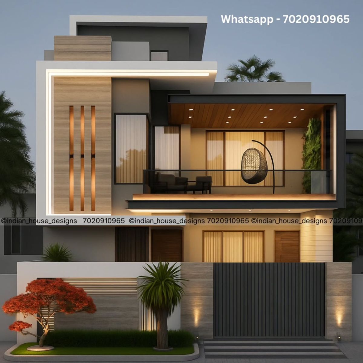 Modern luxury villa with infinity pool at sunset with tree.