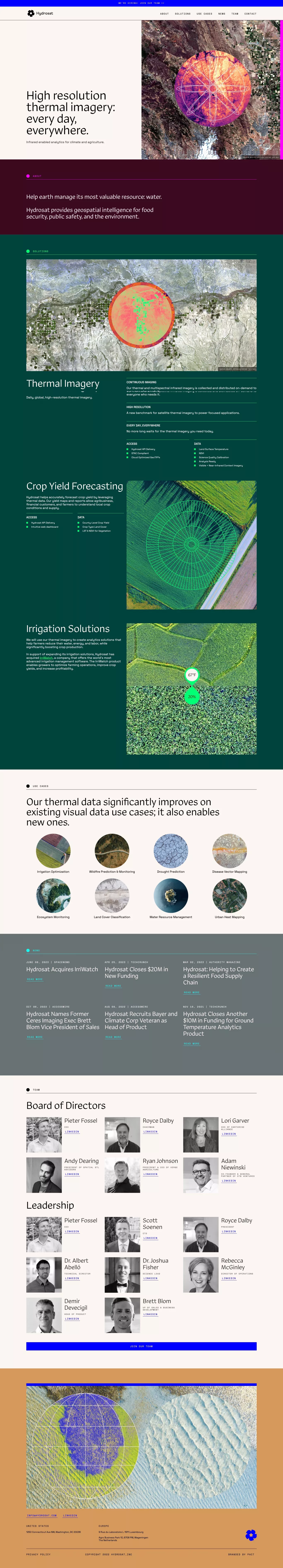 Hydrosat landing page screenshot showcasing Tech and Nature design