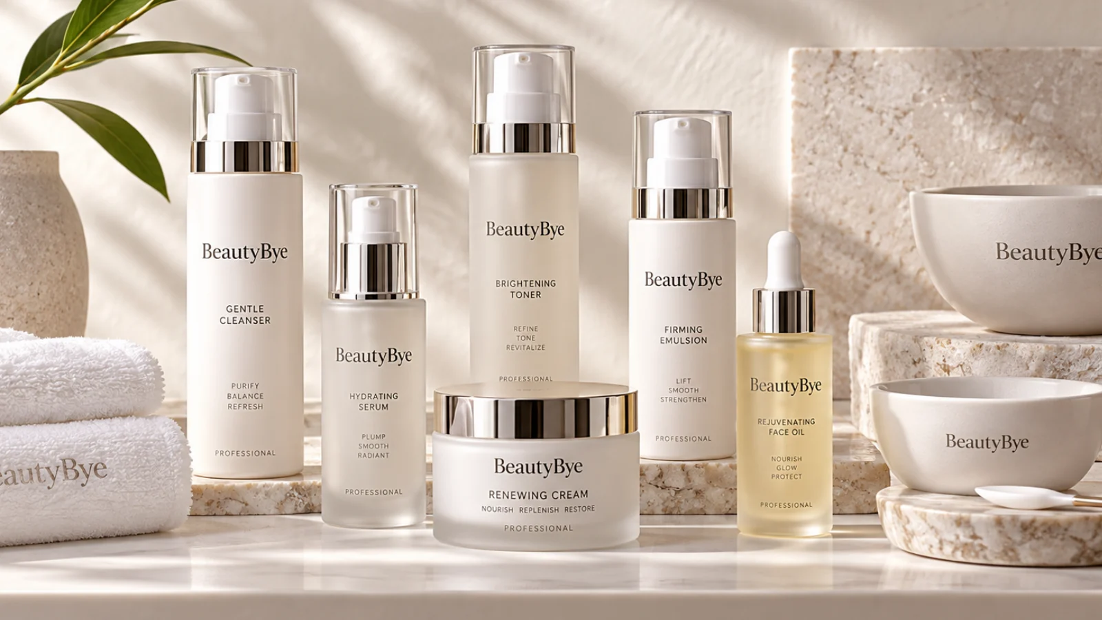 BeautyBye professional skincare pumps, serum and cream arranged in a bright spa setting