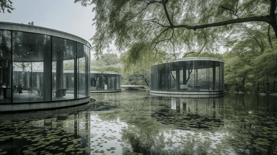 Circular glass pavilions set in tranquil pond surrounded by willow trees with reflections in water