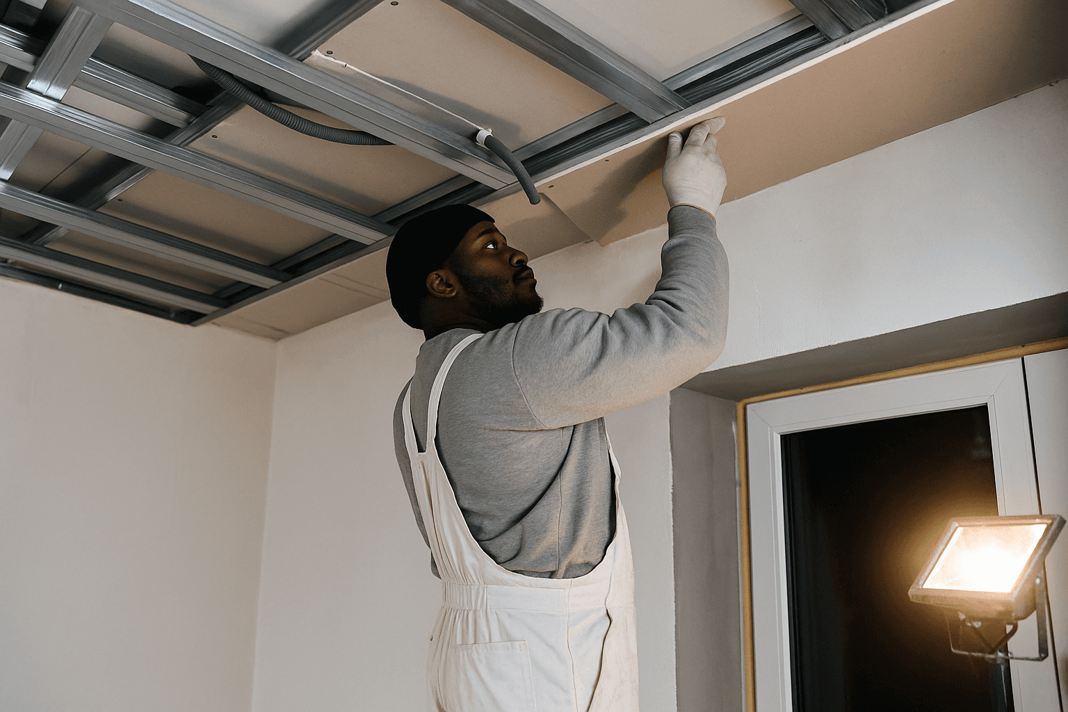 Un homme vêtu d'une combinaison et de gants installe un panneau de plafond sous une structure métallique. Une lampe de travail puissante éclaire l'espace, créant une atmosphère concentrée et studieuse.