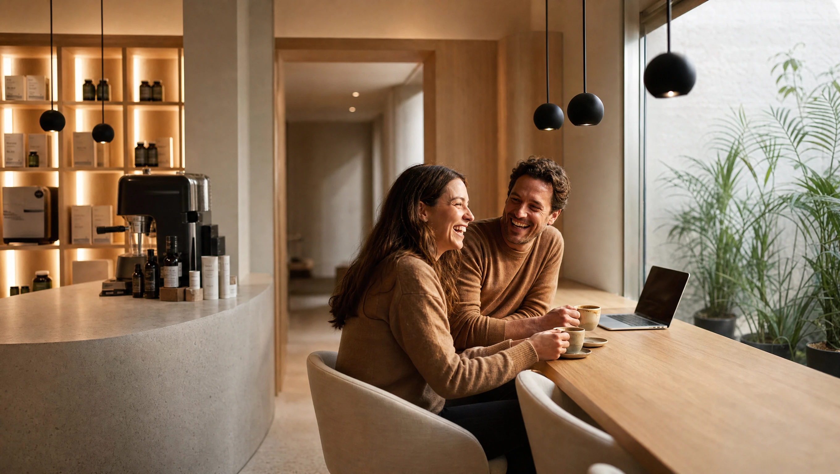 Dues persones rient mentre prenen un cafè a la barra de l'espai, en un ambient càlid i proper.