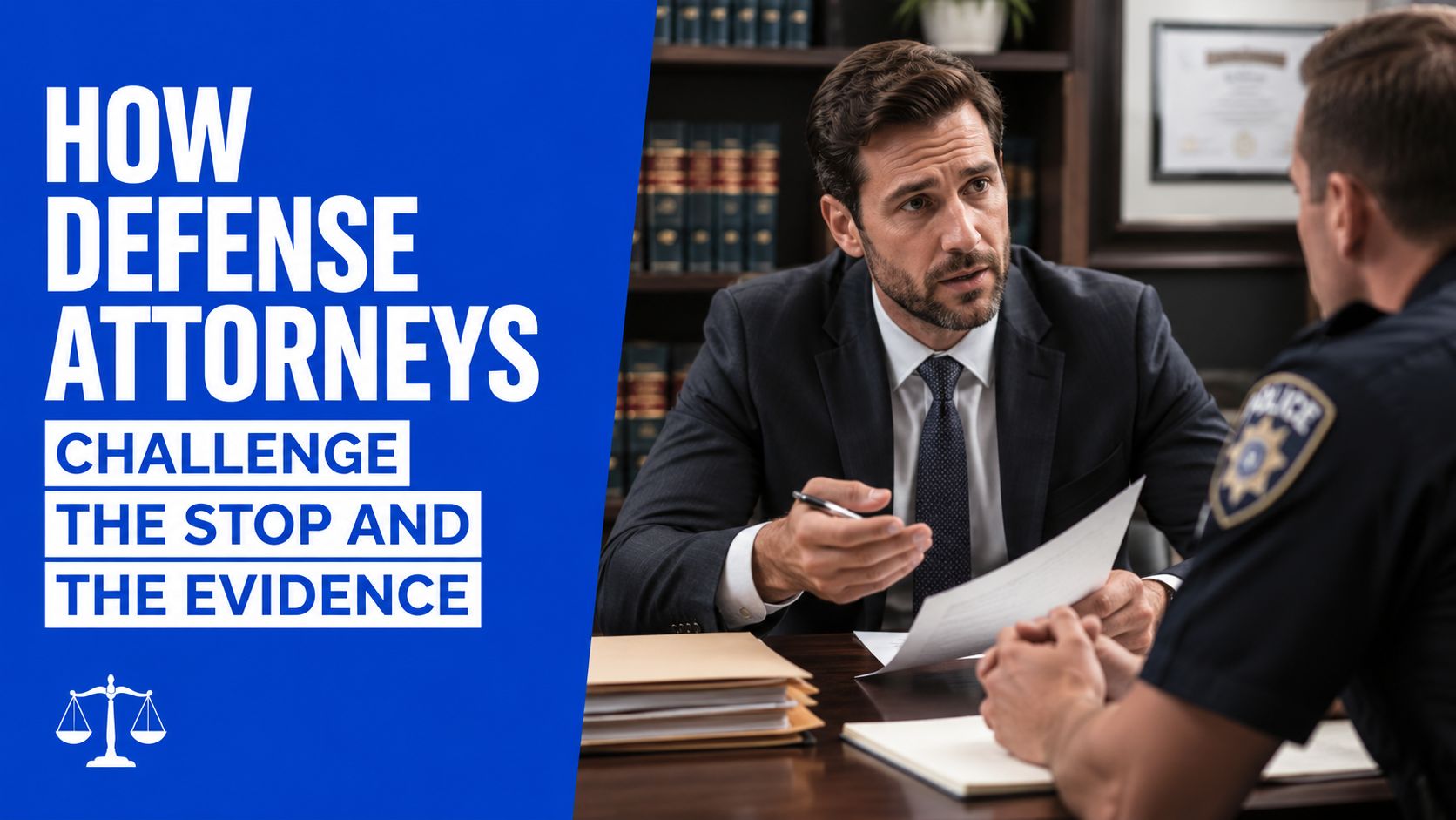 A defense attorney in a suit discusses legal documents with a police officer in an office.