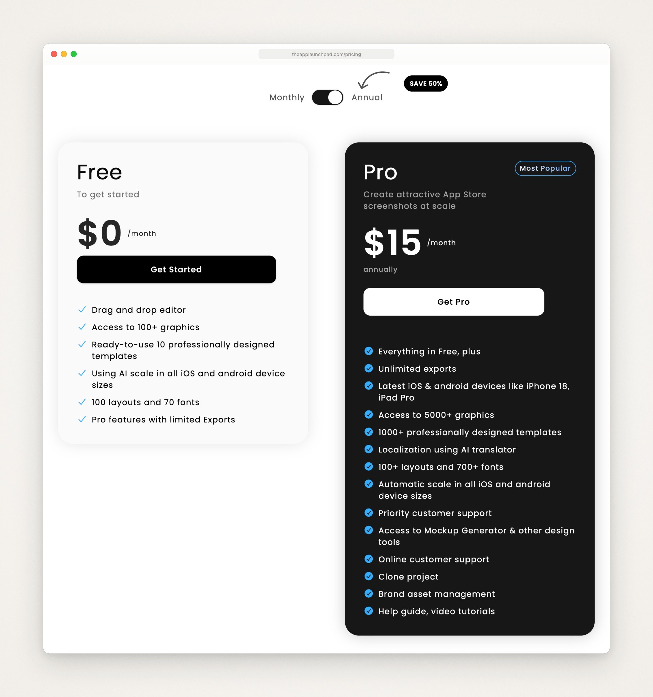 AppLaunchpad’s pricing page with the billing switch on Annual: the Free plan at $0 a month with a drag and drop editor, 10 templates and limited exports, and the Pro plan at $15 a month billed annually with unlimited exports, iPhone 18 and iPad Pro devices, 1000+ templates and an AI translator