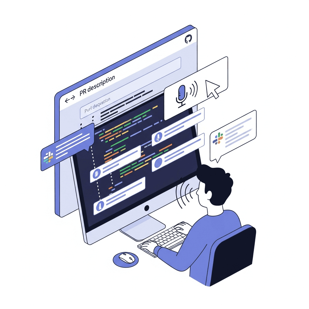 A clean, modern illustration showing a code review workflow with voice dictation. Show a developer at a computer with a GitHub pull request interface visible on screen, with visual indicators of voice activation (sound waves or microphone icon). Include elements representing the workflow: PR description field, inline comment boxes, and Slack communication window. Use a tech-forward color palette with blues and purples. Minimalist, professional style suitable for a developer blog post. Isometric or flat design perspective. No text, words, letters, or code snippets in the image.