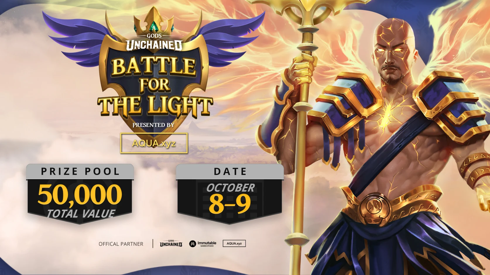 A poster for the "Battle for the Light" event of God's Unchained. The poster features a man in a war suit, holding a sword, with a sparkling body.