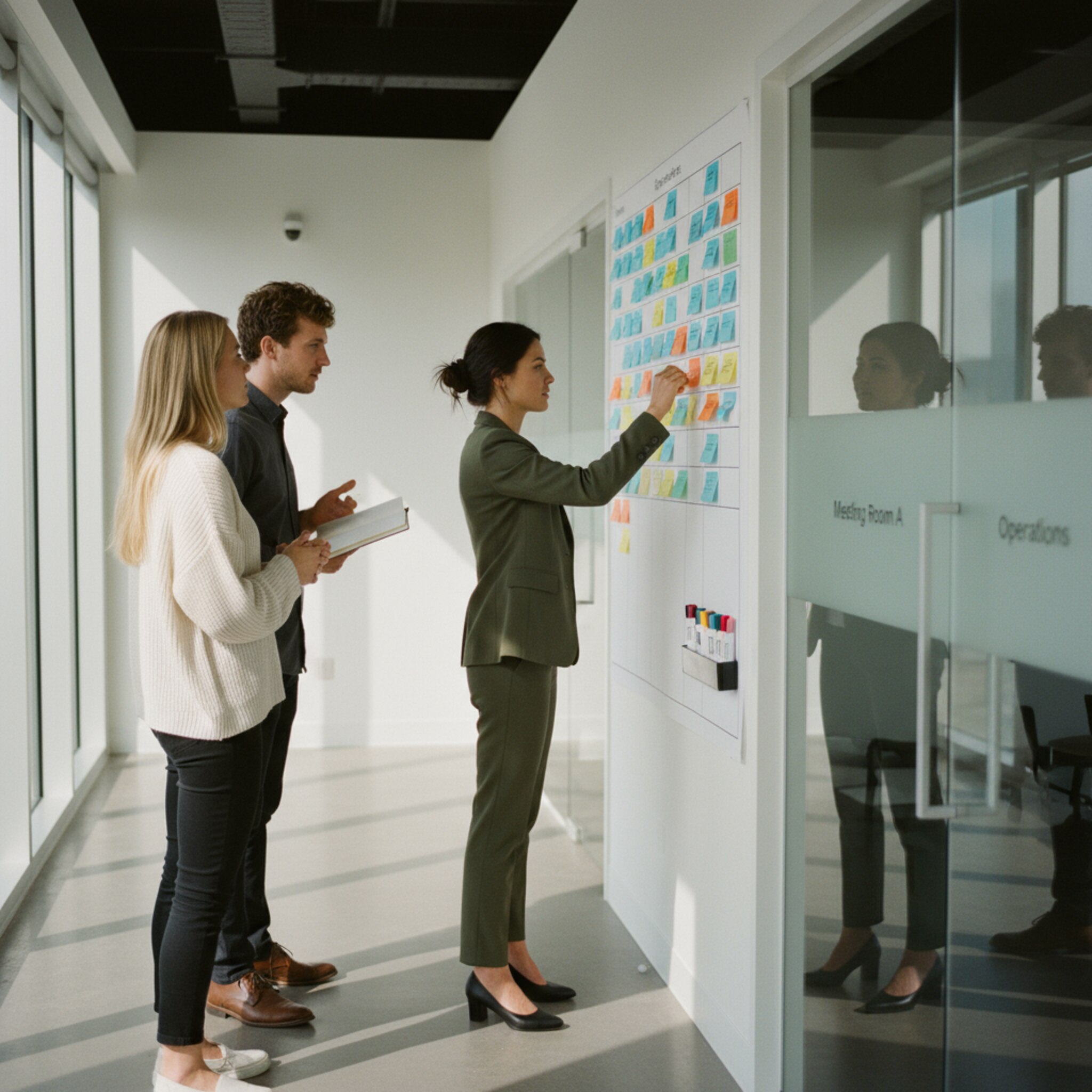 Ein Projektteam steht an einer Wand mit übersichtlich angeordneten Karten und farbigen Markern für verschiedene Standorte. Eine Person sortiert still Notizen nach Prioritäten. Nebenan sind Räume mit klaren Türschildern zu sehen. Die Stimmung ist fokussiert, koordiniert und vorwärtsgerichtet.