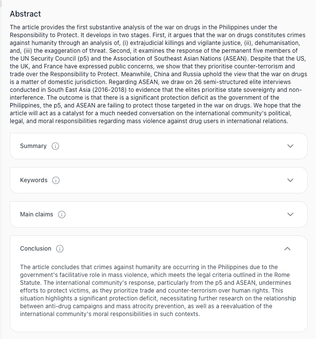 thesify abstract panel with summary, keywords, main claims, and conclusion for reading support.
