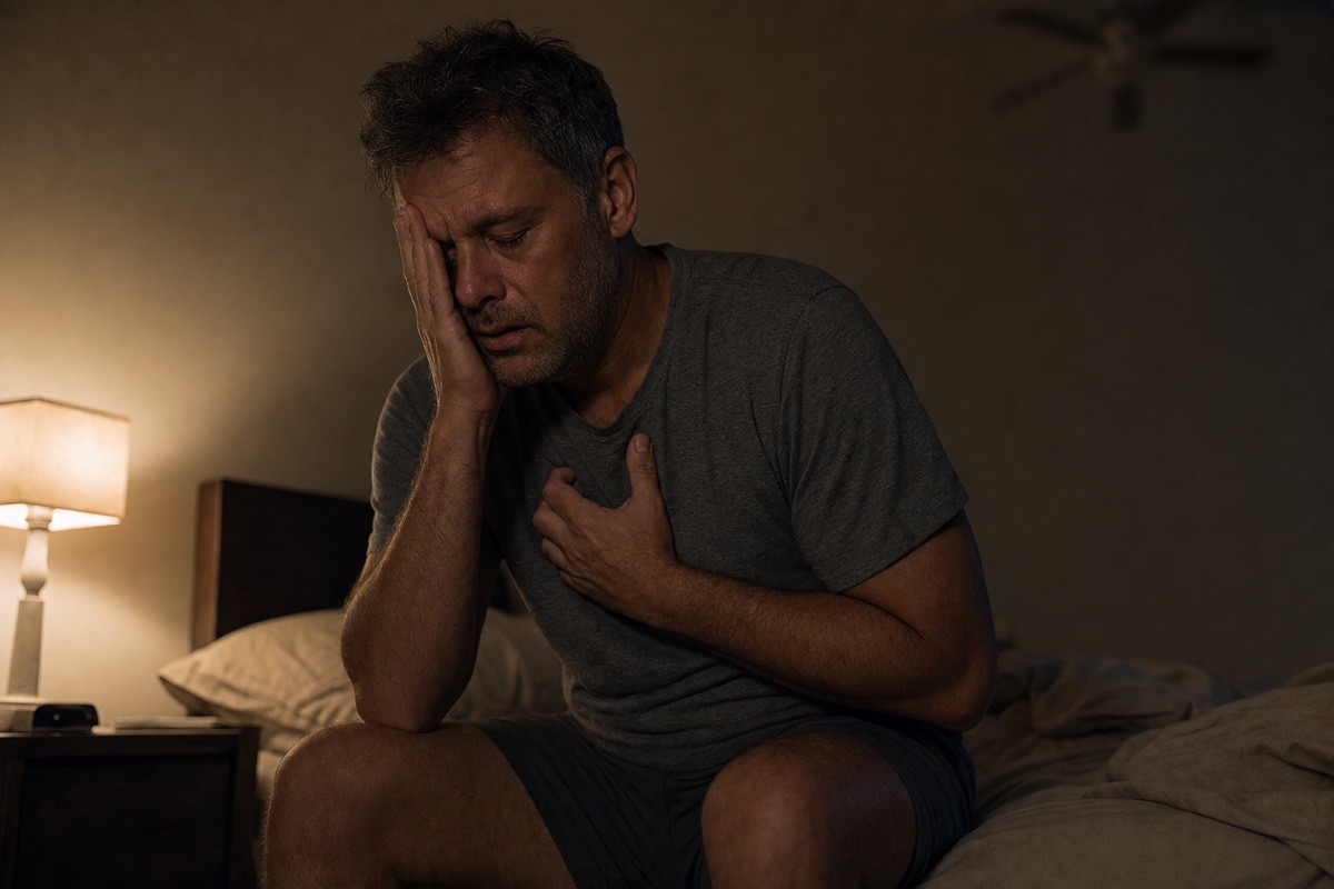 A man in his forties awake and drained at the kitchen table at dawn, a mug of coffee in front of him