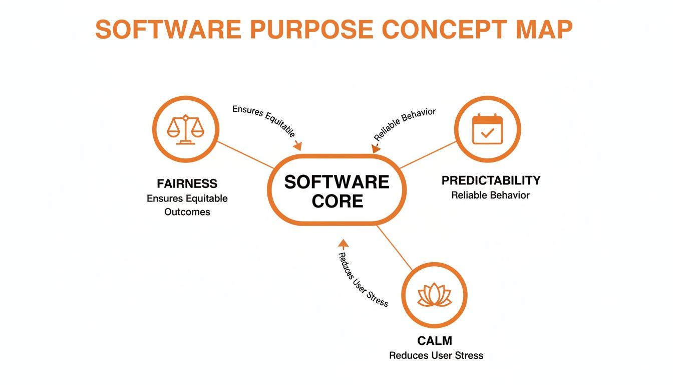 A concept map showing software's core purposes: fairness, predictability, and calm, to reduce user stress.