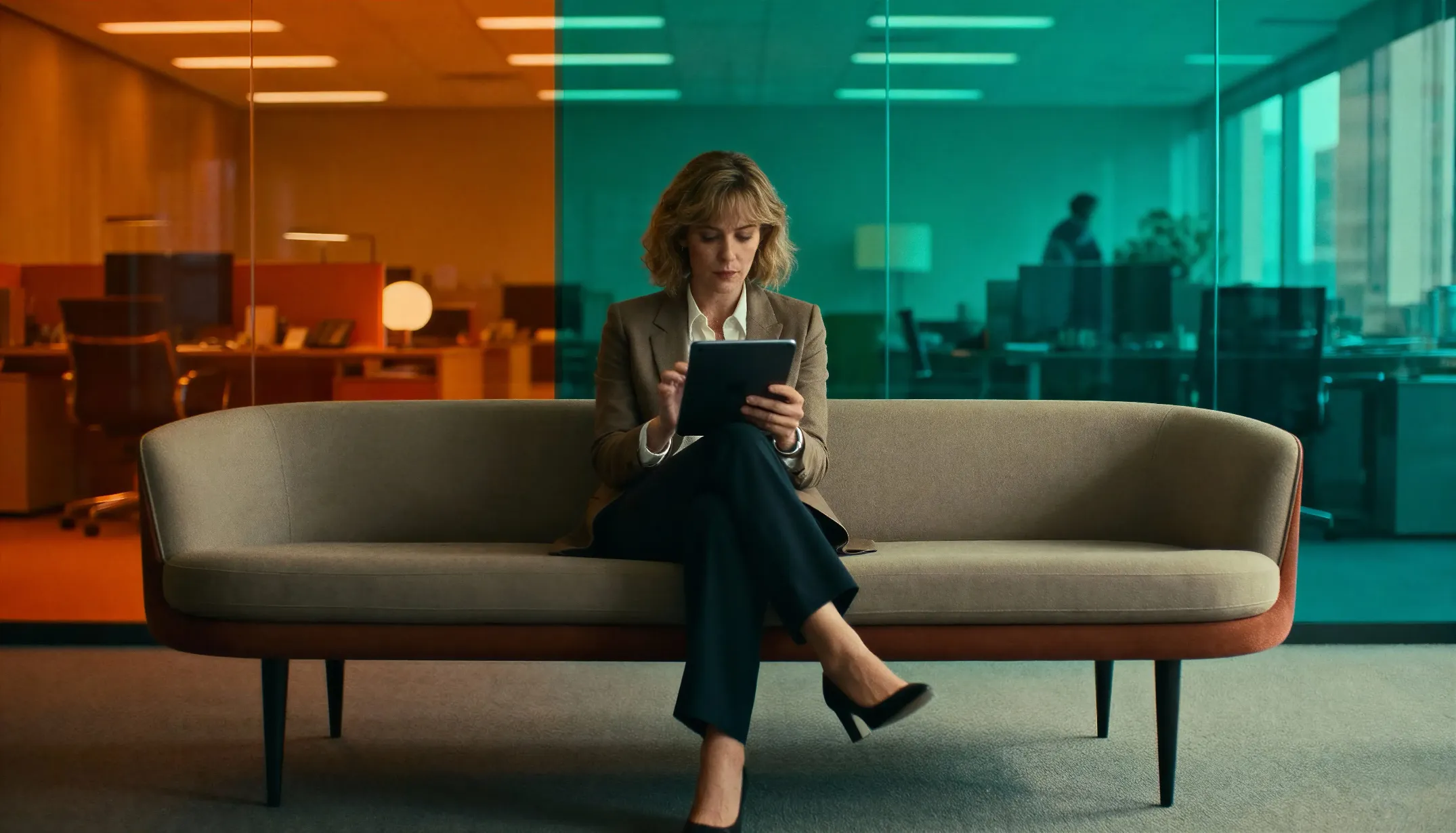 A business professional sits on a modern sofa in an office, focused on a tablet, representing a thoughtful review or redesign process in a contemporary workspace.