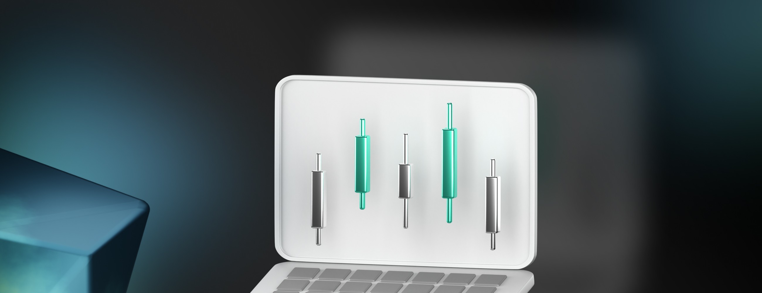 trading candle sticks on a 3d laptop model