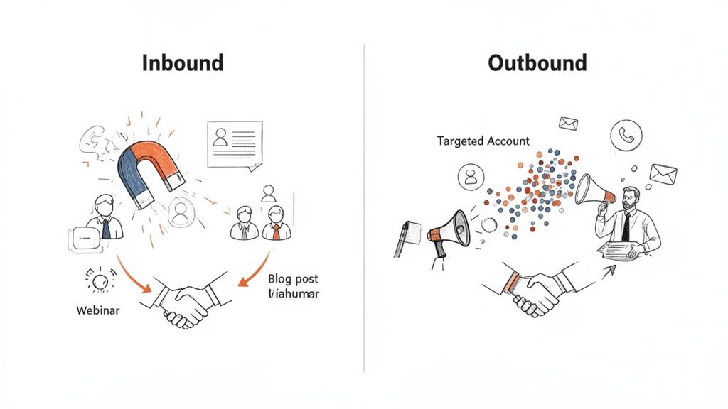 Illustration comparing inbound and outbound marketing strategies, showing attraction versus direct outreach.
