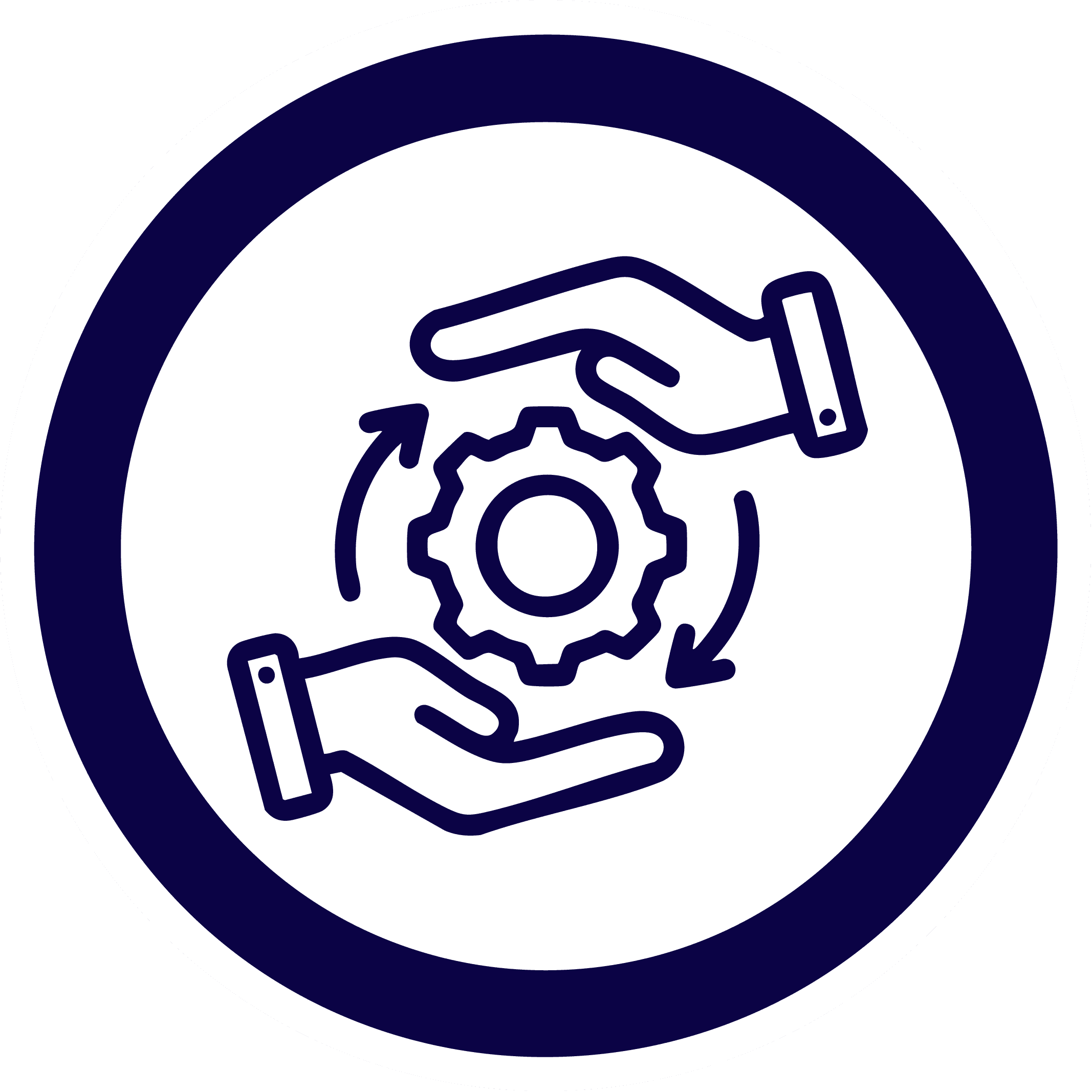 circle icon of a two hands holding a cog wheel in a blue circle