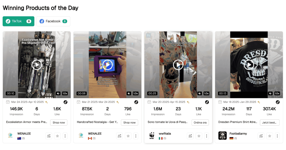 Winning Products of the Day dashboard with TikTok and Facebook product stats