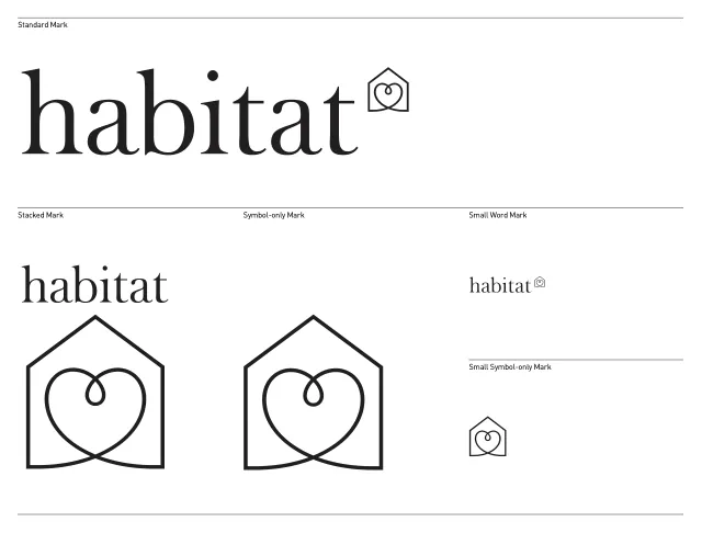 Brand book d'Habitat, 2002 : Le logo : le mot « Habitat » et, depuis 2002, un symbole, « un cœur dans la maison ».