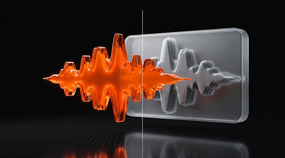 Glowing orange sound wave transforms into a muted gray waveform inside a translucent panel, split by a vertical line on a dark background.