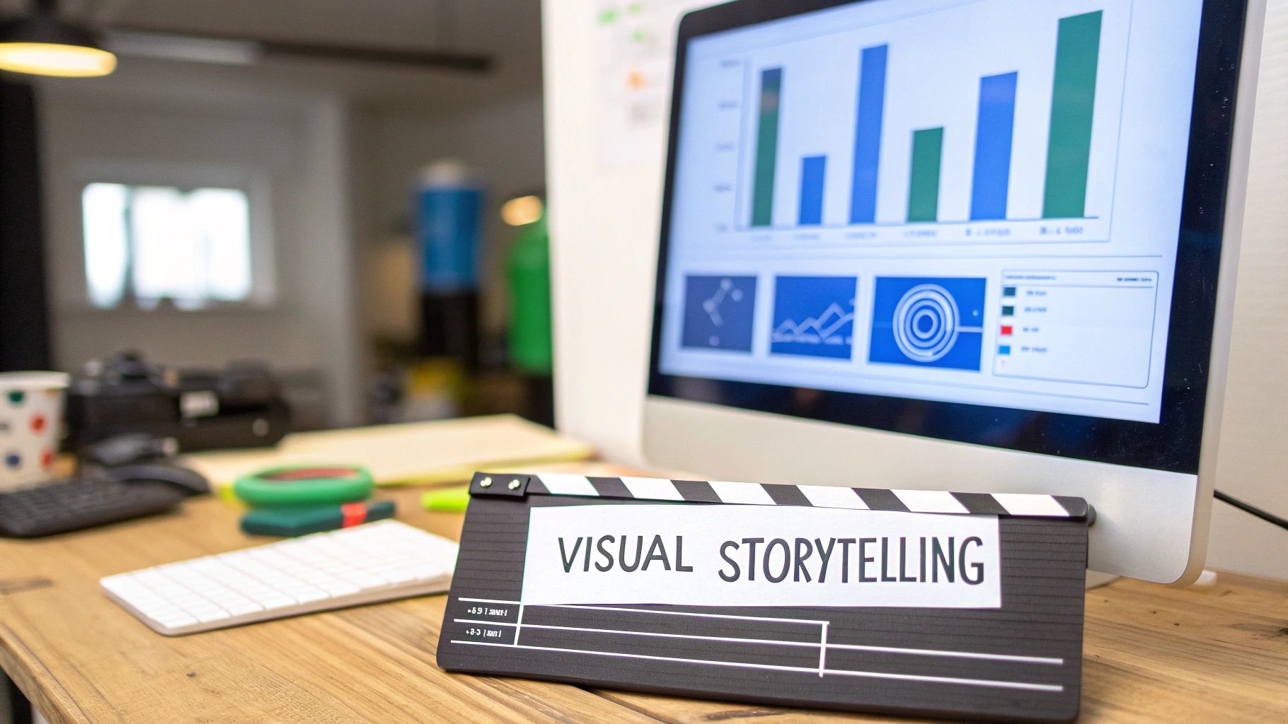 Desk with computer monitor displaying data analytics and a clapperboard for visual storytelling.