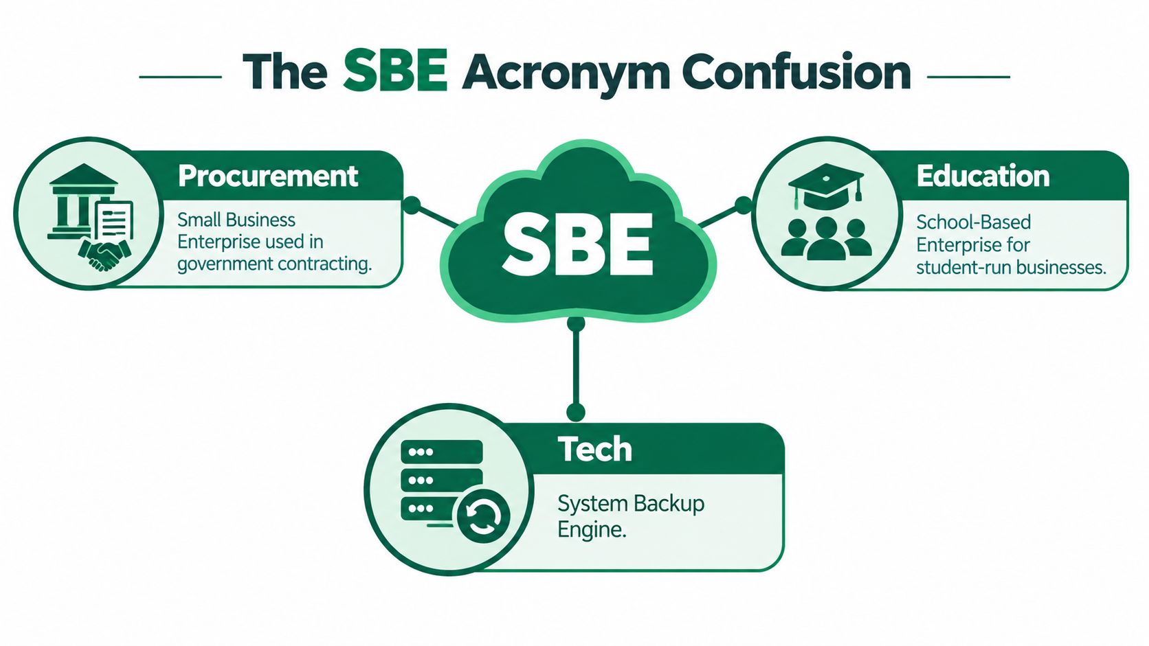 A diagram illustrating three different meanings of the acronym SBE in procurement, education, and technology sectors.
