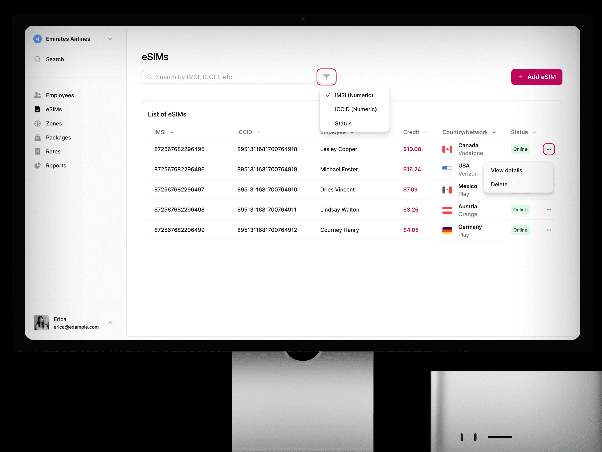 На экране компьютера отображается панель управления eSIM. На ней представлен список eSIM с такими данными, как ICCID, имя пользователя, баланс, флаги стран и статус. Открыто меню фильтрации.