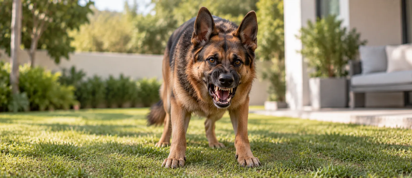 A German Shepherd bares its teeth and snarls outdoors, a classic sign of rabies aggression.