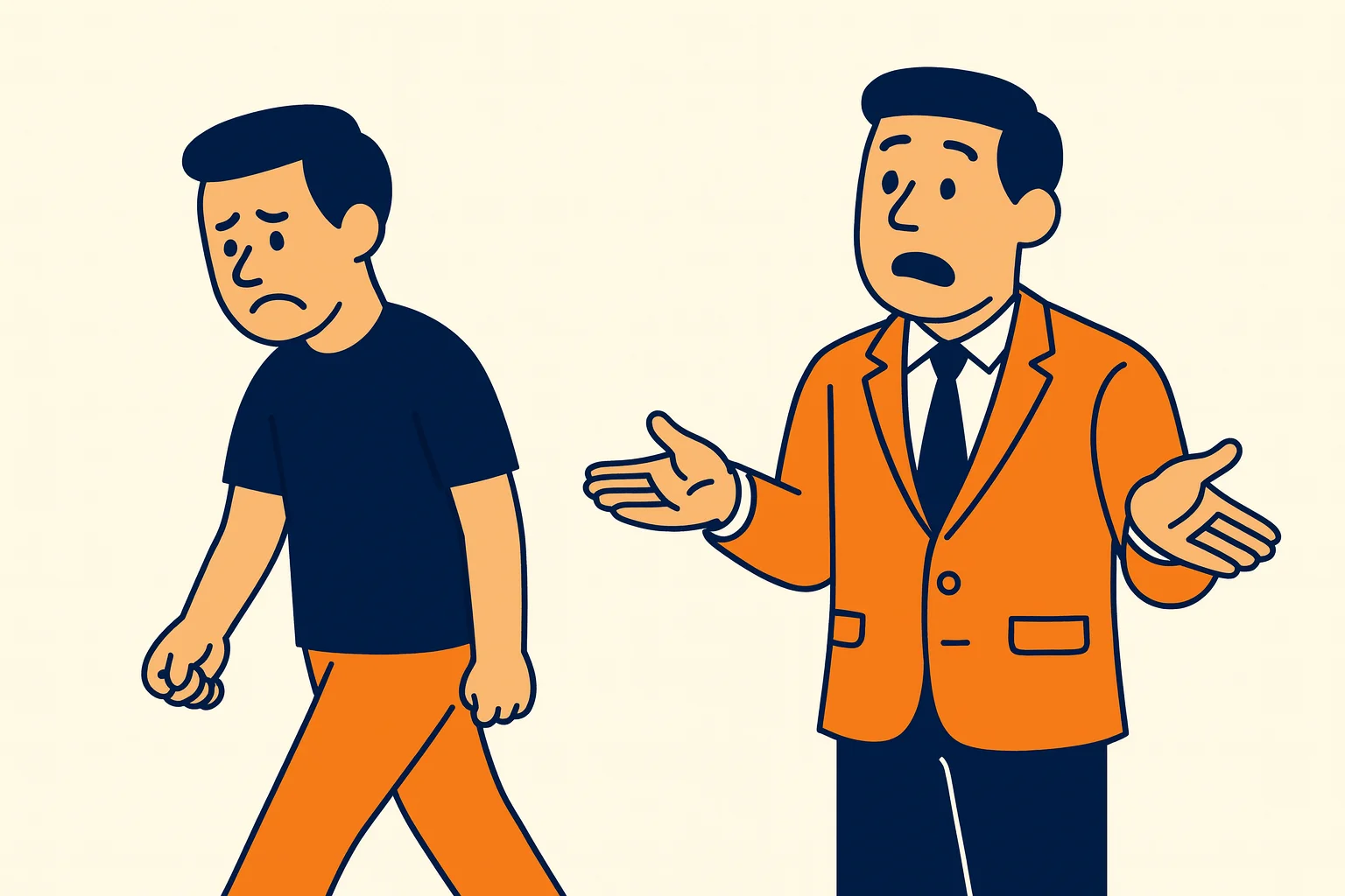 illustration-showing-sad-customer-walking-away-while-businessman-in-orange-suit-gestures-confused-on-light-background