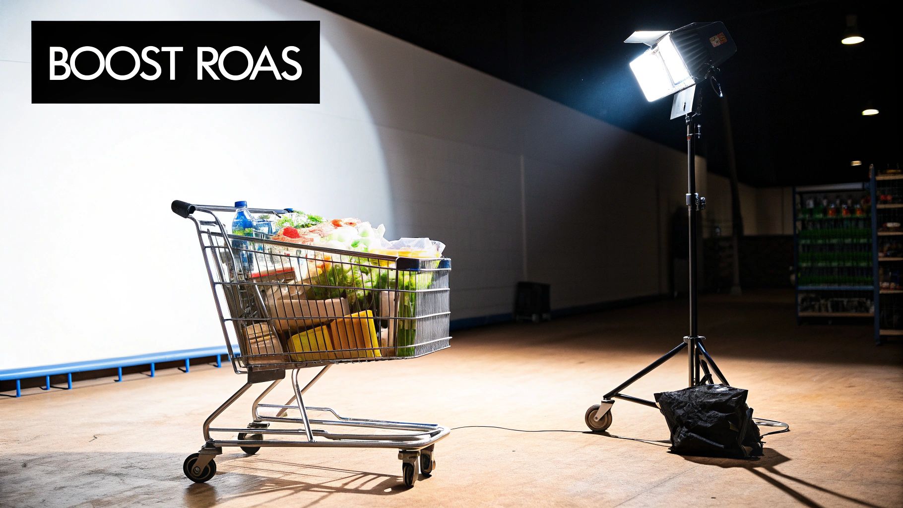 A shopping cart filled with groceries and supplies under bright studio lighting, with