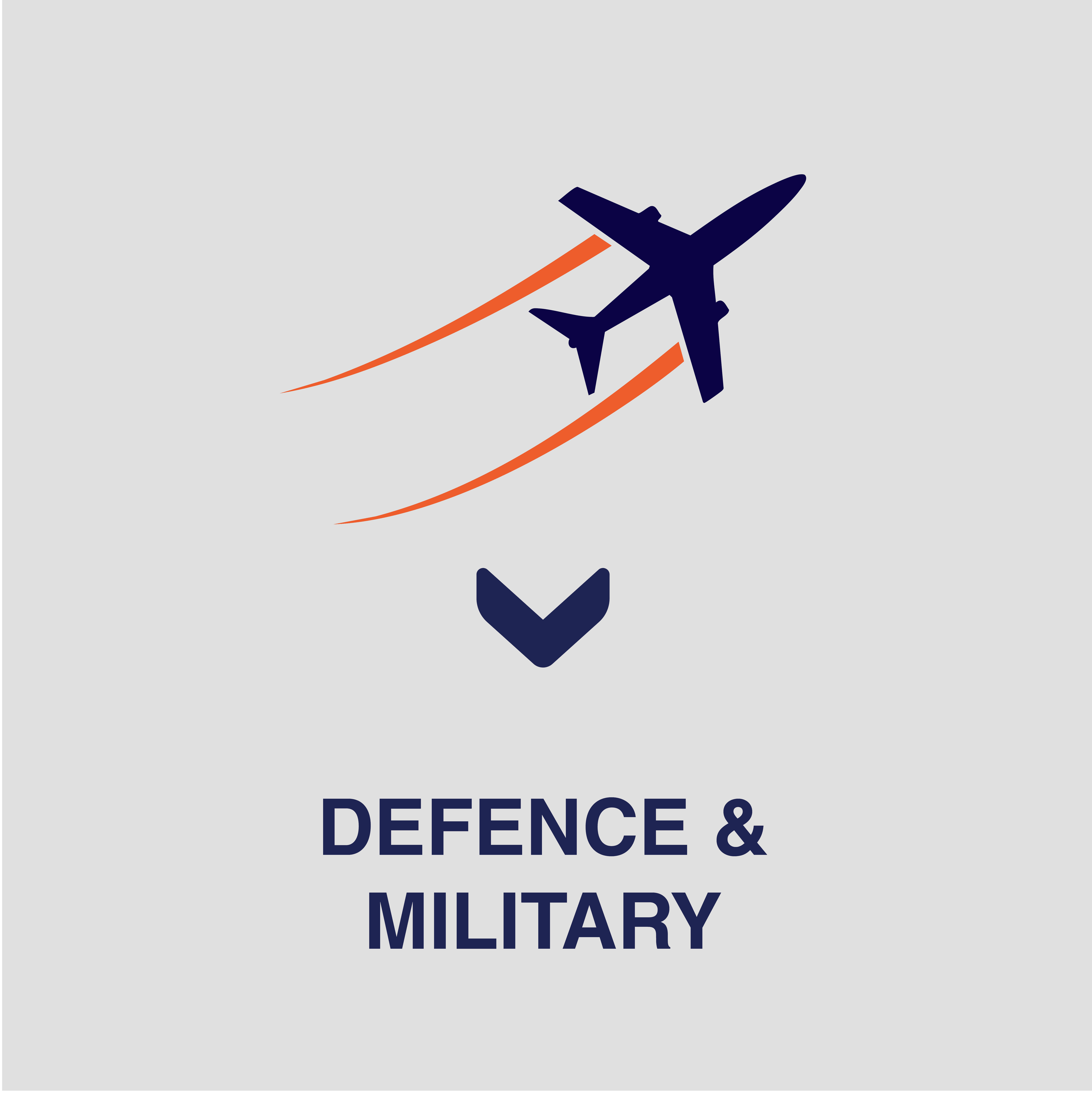 icon of a blue plane leaving orange trail beinnd on a white background with text that says defence & military