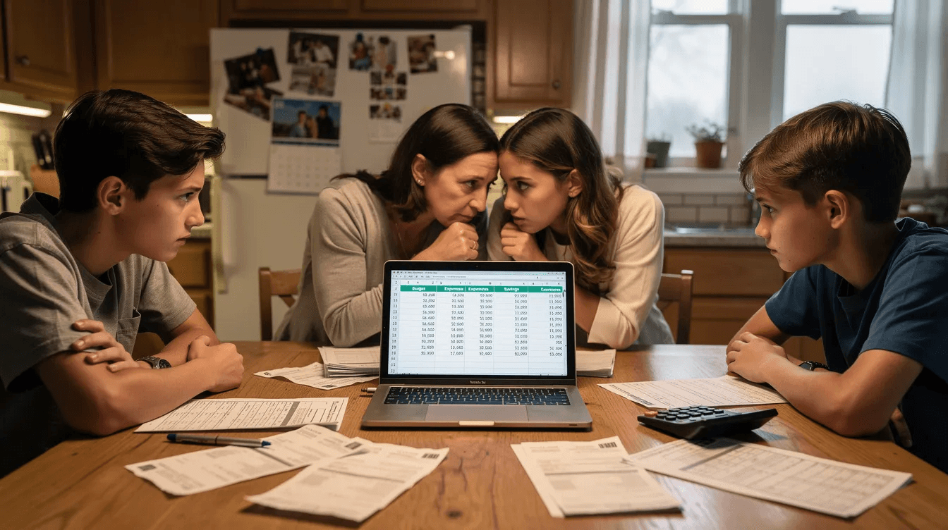 A group of family members is seated around a kitchen table, engaged in a serious discussion about funding a family business, with papers and a laptop in front of them. The atmosphere reflects the importance of their relationships and the challenges involved in managing family money and investments for their new venture.
