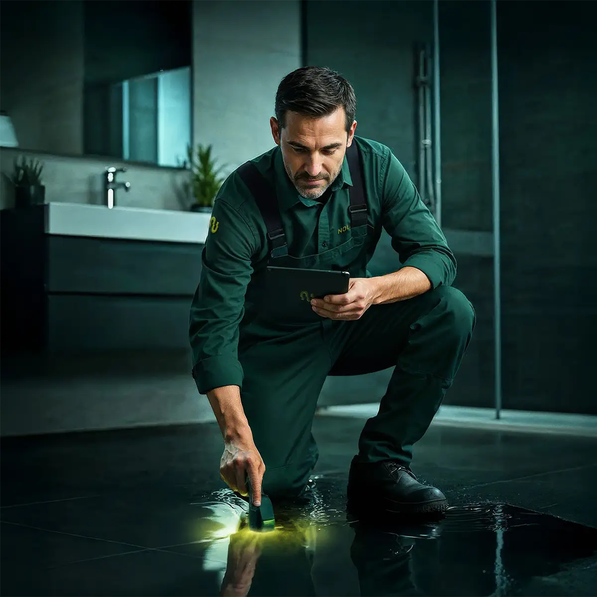 Ein Nolexx-Ortungstechniker ortet Wasserschaden im Boden eines Badezimmers.