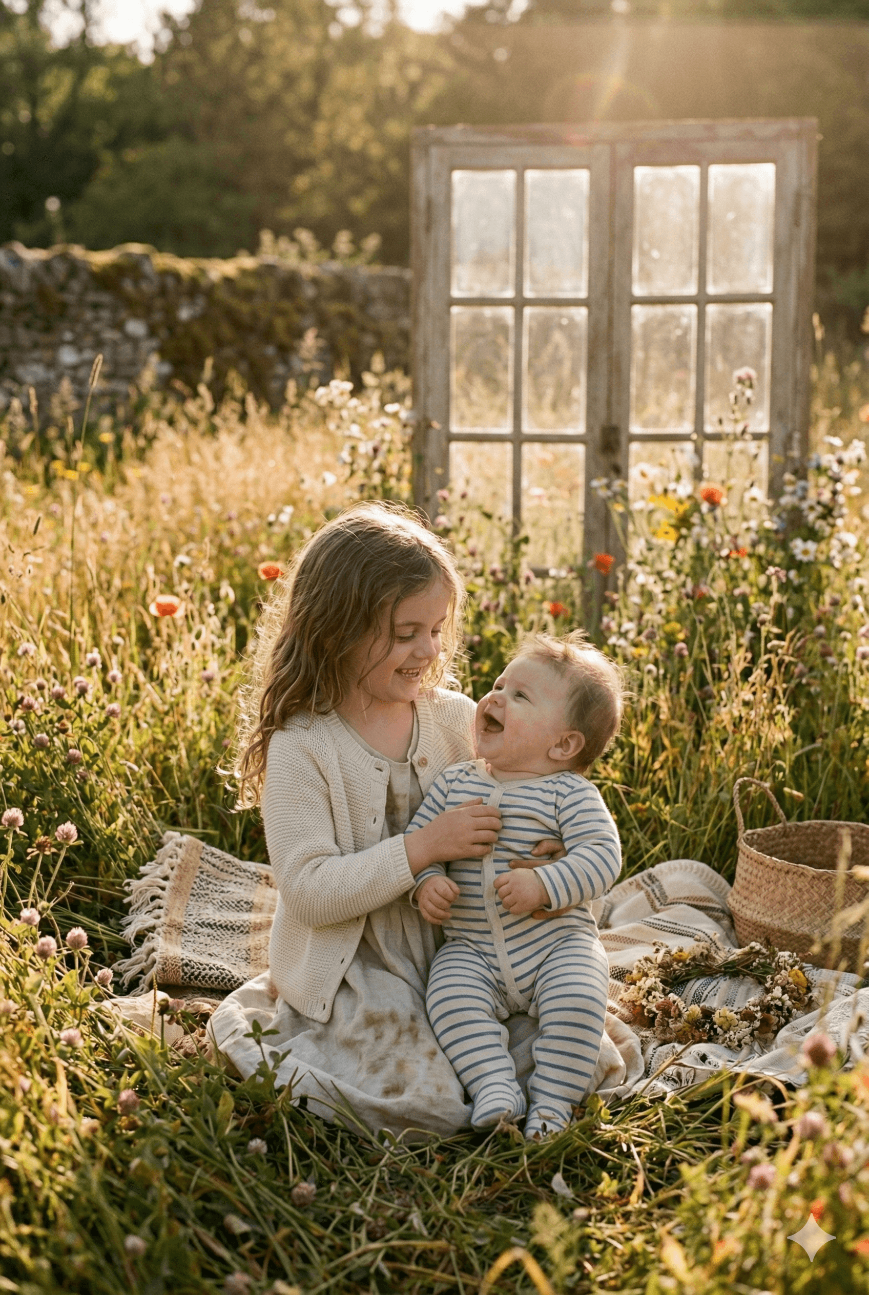 A couple stands outdoors at sunset.
