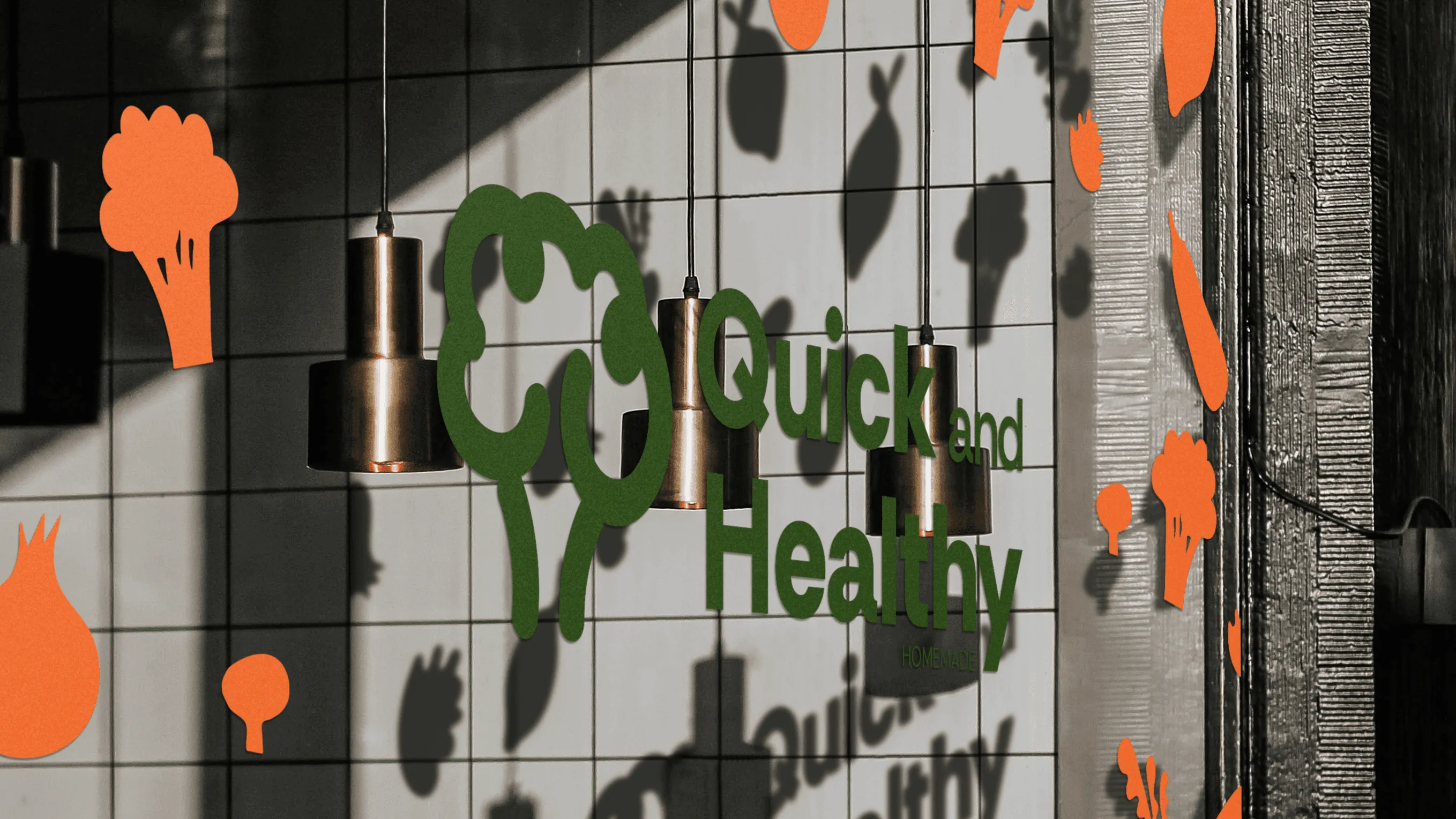 Vitrine de restaurant avec texte vert "Quick and Healthy", illustrations de légumes orange.