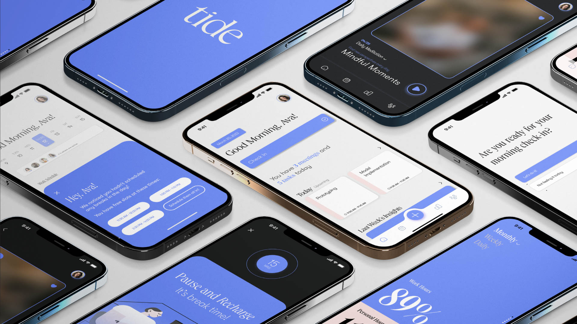 Nine smartphones are arranged in a 3x3 grid, each displaying a blue Tide mobile app interface. The screens show various features including “Good Morning, Aw!” prompts, “Pause and recharge,” “Last week’s highlights,” and “90%.” One phone displays “Moments of…” while another shows “Moments of…” and a third displays “Moments of…” with a “Daily” indicator.