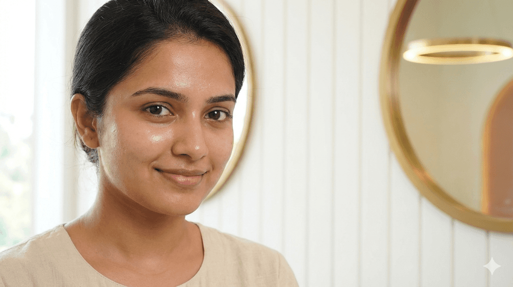 Close-up of a young Indian woman with incredibly clean, breathable skin, smiling gently.