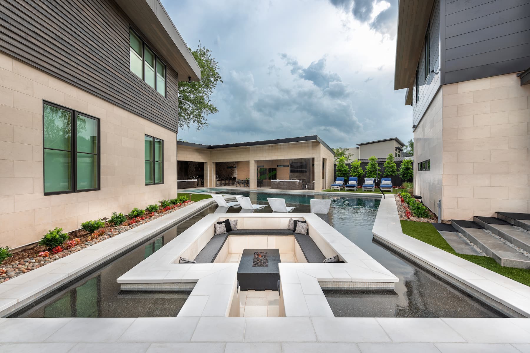 Fire feature design - completed outdoor design and built project for Dallas Fort Worth estate