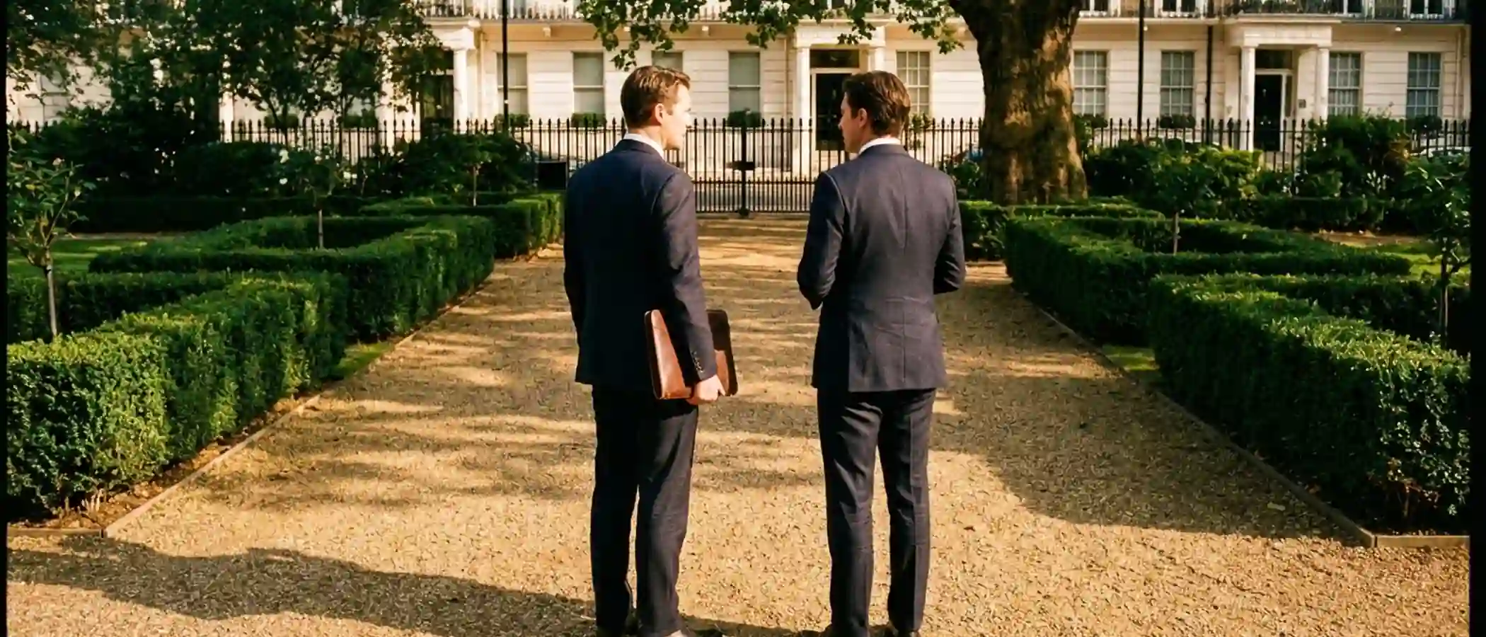 Two men in suits stand in a manicured garden.