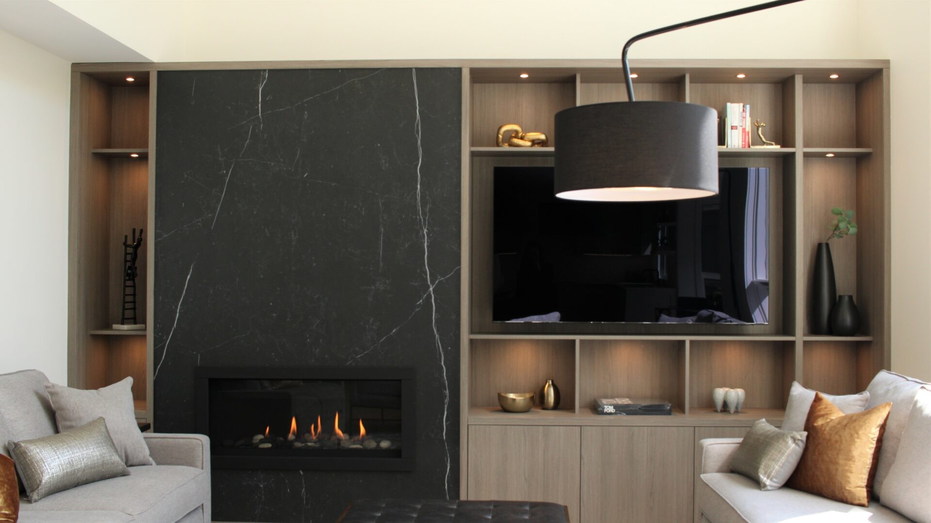 Image of Luxury living room design featuring KHD Homes interior design with fireplace, furniture, and modern layout.