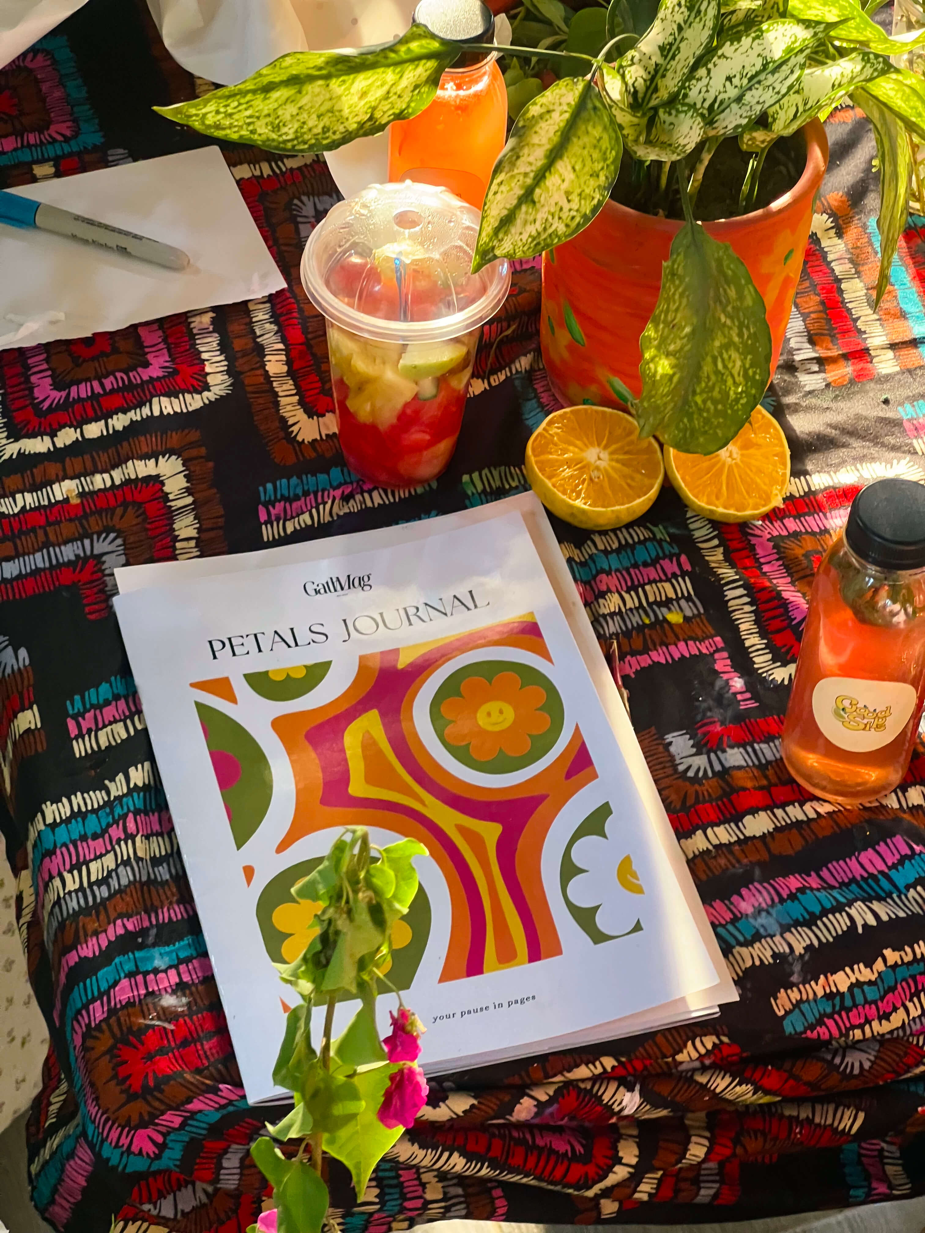 Plate with a seared salmon fillet topped with green herb garnish and sauce, served on a white dish placed on a dark green marble table beside a white candlestick.