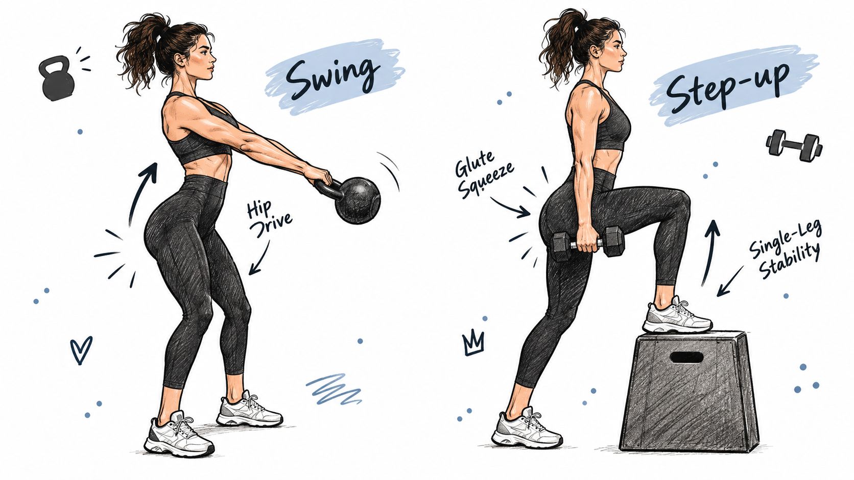 A fitness illustration showing a woman demonstrating proper form for kettlebell swings and dumbbell step-up glute exercises.