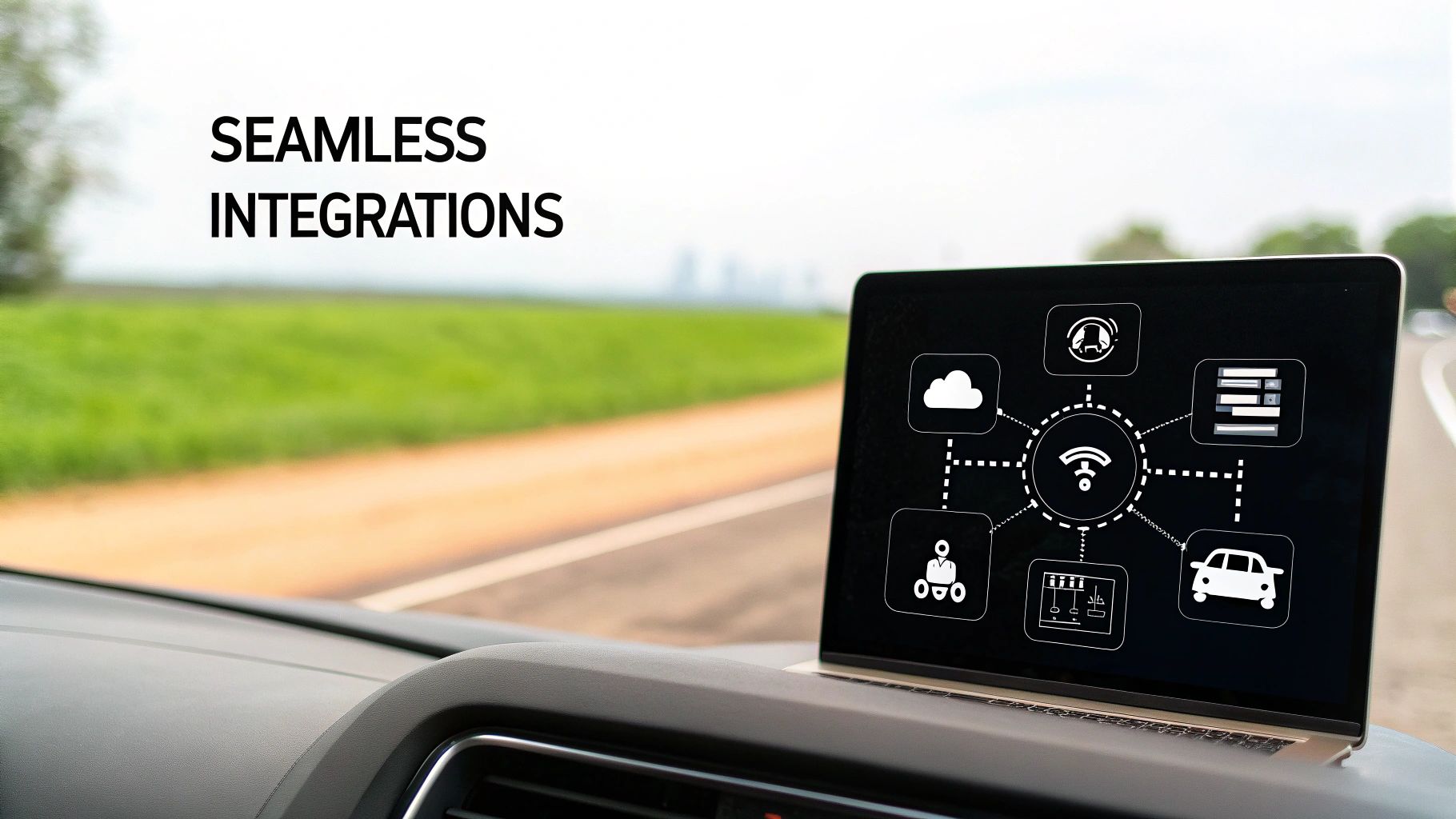 Laptop in a car showing a network diagram illustrating seamless integrations between various connected systems.