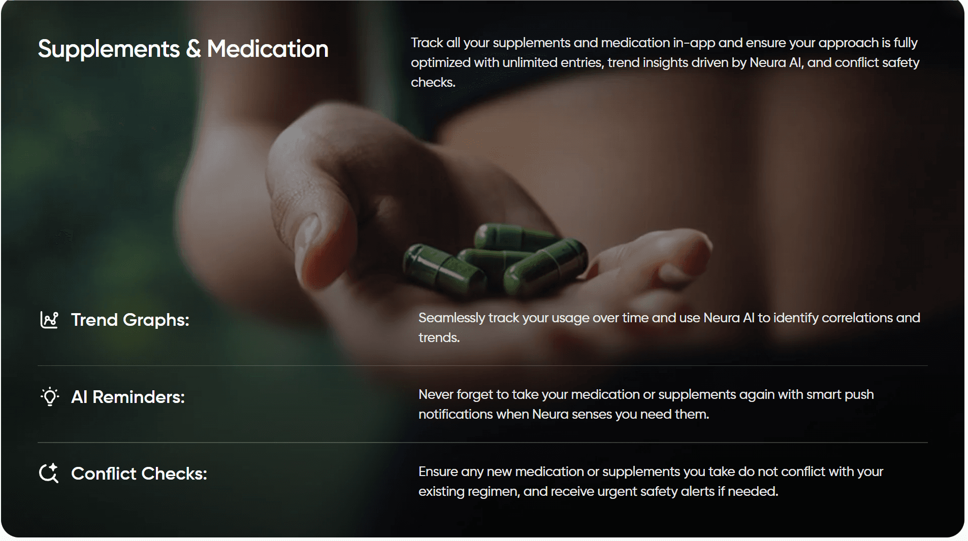 Nootropics app: Image of woman holding pills overlayed with details regarding Neura app